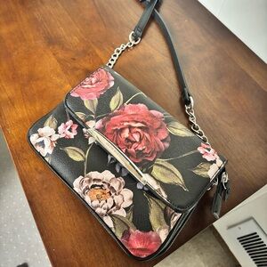 Dana Buchman Black Floral Crossbody with Pink and Cream Roses
